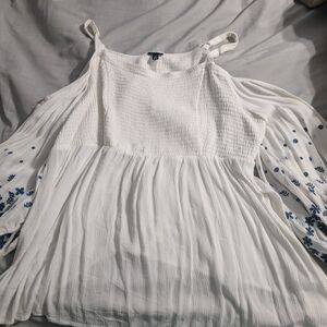 torrid White Cold-Shoulder Smocked Bodice Top with Blue Embroidery